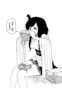 1girl bags_under_eyes basket breasts detached_sleeves eating food food_on_face greyscale hair_ornament headgear holding holding_food japanese_clothes kantai_collection large_breasts miniskirt monochrome onio pleated_skirt ribbon-trimmed_sleeves ribbon_trim sandwich short_hair_with_long_locks simple_background sitting skirt solo speech_bubble tomato tomato_slice translation_request wide_sleeves yamashiro_(kancolle) you're_doing_it_wrong