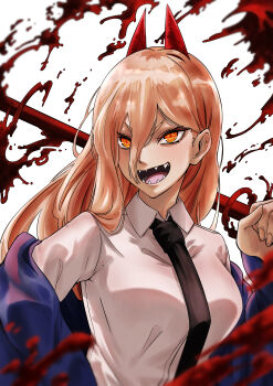 1girl absurdres black_necktie blonde_hair blood blood_splatter blood_spray blue_jacket breasts chainsaw_man collared_shirt crazy demon_horns eyelashes hair_between_eyes highres holding holding_polearm holding_weapon horns jacket large_breasts laughing long_hair long_hair_between_eyes long_sleeves looking_at_viewer necktie open_clothes open_jacket open_mouth over_shoulder polearm power_(chainsaw_man) red_horns sharp_teeth shirt smile solo taiju_(gr09kuma) teeth tsurime upper_body v-shaped_eyebrows weapon weapon_over_shoulder white_background white_shirt yellow_eyes