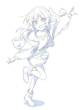 Rule 34 | 1girl, :d, blush, bocchi the rock!, boots, full body, hair between eyes, highres, jacket, kesunr0s2, kita ikuyo, long hair, long sleeves, looking at viewer, monochrome, open clothes, open jacket, open mouth, outstretched arms, shirt, skirt, smile, solo, standing, standing on one leg, striped clothes, striped shirt, white background