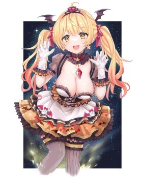 1girl absurdres ahoge asymmetrical_legwear bat_wings black_tiara blonde_hair breasts chicami claw_pose cleavage cowboy_shot detached_collar dress earrings frilled_dress frilled_gloves frills gloves gradient_hair grey_thighhighs head_wings highres hololive jewelry large_breasts layered_dress long_hair low_neckline mismatched_legwear multicolored_hair official_alternate_hair_length official_alternate_hairstyle puffy_short_sleeves puffy_sleeves sagging_breasts see-through_skirt_layer short_sleeves solo sparkling_eyes star_(sky) star_(symbol) star_earrings starry_sky_background thighhighs tiara twintails virtual_youtuber white_dress white_gloves wings yellow_eyes yozora_mel