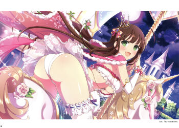 1girl :d absurdres amusement_park ass ass_focus blush bow bra breasts brown_hair cape carousel castle cleavage crown detached_sleeves flower frilled_bra frilled_thighhighs frills full_moon green_eyes hair_bow hair_ornament highres holding holding_pole horse horseback_riding long_hair looking_at_viewer looking_back magazine_scan mini_crown moon night non-web_source official_alternate_costume official_art open_mouth outdoors panties pink_bow pink_cape pink_flower pink_rose pole revealing_clothes riding rose scan senran_kagura senran_kagura_new_link showgirl_skirt smile solo strapless strapless_bra thighhighs ui_(senran_kagura) underboob underwear unicorn white_horse white_panties white_sleeves white_thighhighs