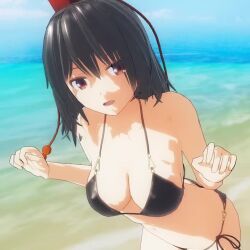 1girl 3d animated ass bikini black_hair bouncing_breasts breasts brown_eyes cleavage medium_breasts mofumoko5 red_eyes shameimaru_aya solo swimsuit tagme thighs touhou video
