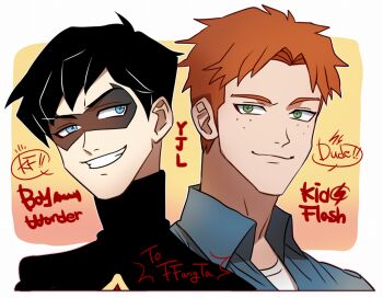 2boys black_hair blue_eyes dc_comics dick_grayson domino_mask eye_mask grin male_focus mask multiple_boys orange_hair robin_(dc) smile wally_west young_justice:_invasion