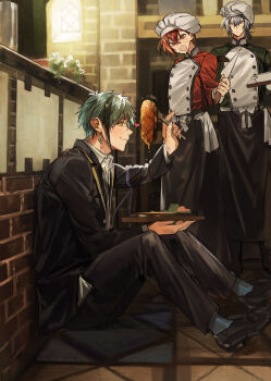 3boys absurdres ace_trappola apron aqua_hair black_hair black_jacket black_shoes blue_socks blush bow brick_wall character_request chef_hat closed_mouth collar commentary_request earrings floyd_leech food foot_out_of_frame fork full_body green_shirt grey_eyes grey_hair hair_between_eyes hat heart highres holding holding_fork holding_knife holding_plate indoors jacket jewelry kitchen kitchen_knife knees_up knife looking_at_another looking_at_food male_focus multicolored_hair multiple_boys nana_tetra on_wall open_mouth plant plate purple_ribbon red_eyes red_hair red_shirt ribbon shirt shoes short_hair single_earring sitting smile socks standing steak streaked_hair sunlight tile_floor tiles twisted_wonderland two-tone_hair white_apron white_bow white_collar white_hat white_shirt window yellow_eyes