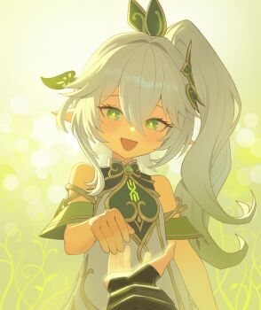 +_+ 1girl :d absurdres bare_shoulders blush commentary double-parted_bangs dress english_commentary genshin_impact green_eyes hair_between_eyes hair_ornament highres imminent_hand_holding leaf_hair_ornament long_hair looking_at_viewer nahida_(genshin_impact) open_mouth oro_(lsg0624) pointy_ears pov pov_hands reaching reaching_towards_viewer short_sleeves side_ponytail smile solo_focus upper_body white_dress white_hair yellow_background