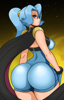 Rule 34 | 1girl, absurdres, ass, ass focus, backless bodysuit, backless outfit, black cape, blue bodysuit, blue eyes, blue gloves, blue hair, bodysuit, breasts, cape, clair (pokemon), covered erect nipples, gloves, gradient background, gym leader, hair between eyes, highres, huge ass, looking at viewer, looking back, matching hair/eyes, medium breasts, medium hair, nintendo, pokemon, pokemon hgss, ponytail, purple cape, serious, shiny clothes, skin tight, sleeveless, sleeveless bodysuit, sonson-sensei, thick thighs, thighs, two-tone cape, wide hips, yellow background