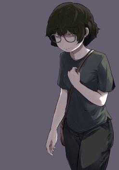 1girl bag black_hair black_pants black_shirt commentary_request glasses grey_background handbag jimiko kirinama01 original pants shirt short_hair short_sleeves standing t-shirt