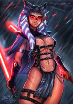 1girl ahsoka_tano alien breasts cleavage dual_wielding energy_sword glowing glowing_eyes holding holding_sword holding_weapon iahfy large_breasts lightsaber looking_at_viewer pelvic_curtain rain red_eyes red_lightsaber revealing_clothes reverse_grip sith solo star_wars sword togruta weapon