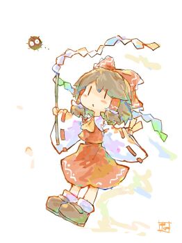 Rule 34 | 1girl, blush, brown hair, brown shoes, dress, gohei, hair ribbon, hakurei reimu, highres, long sleeves, open mouth, red dress, red ribbon, ribbon, ribbon-trimmed sleeves, ribbon trim, shoes, socks, solo, touhou, white socks, yamasina009