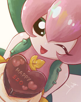 Rule 34 | cake, digimon, digimon (creature), flower, food, lilimon, looking at viewer, monster girl, one eye closed, petals, plant girl, plate, shinori (pixiv user 110739486), wink