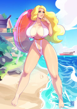 1girl absurdres beach blonde_hair blue_eyes boat breasts cleavage cloud eyelashes footprints grand-sage highres inflatable_raft kolin large_breasts lips long_hair nail_polish ocean palm_tree parted_lips rock sand solo street_fighter street_fighter_v sweat sweatdrop swimsuit thick_lips thick_thighs thighs tree watercraft wavy_hair