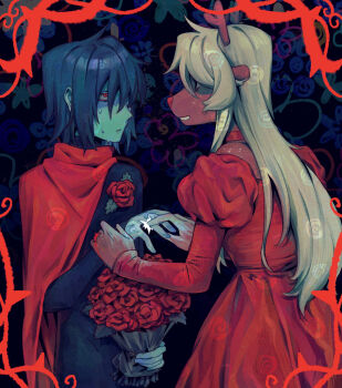 1girl 1other alternate_costume animal_ears black_unitard blonde_hair blue_hair blue_skin bouquet cape colored_skin commentary deer_ears deer_girl deltarune dress english_commentary flower furry furry_female goomyloid highres holding holding_bouquet jewelry juliet_sleeves kris_(dark_world)_(deltarune) kris_(deltarune) long_hair long_sleeves noelle_holiday puffy_sleeves red_cape red_dress red_eyes red_flower red_rose ring rose short_hair side_cape sweat thorn_ring_(deltarune) utdr_(toby_fox) very_long_hair weird_route_(deltarune)