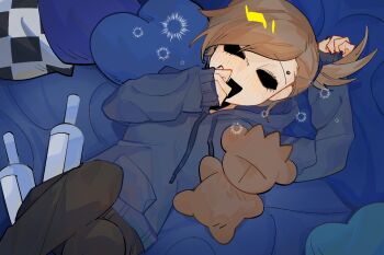 1girl alcohol animification black_pants blue_hoodie blush bottle breasts brown_hair carbonmoon commentary drawstring drunk eddsworld eyebrow_piercing face_piercing highres hollow_eyes hood hood_down hoodie long_sleeves looking_at_viewer lying on_back on_bed open_mouth pants piercing pillow ponytail short_hair small_breasts smile solo stuffed_animal stuffed_toy symbol-only_commentary tamara_(eddsworld) teddy_bear tomee_bear_(eddsworld) topknot