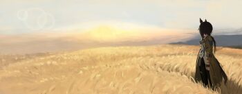 1girl absurdres animal_ears asymmetrical_shirt black_gloves black_pants brown_hair coat commentary_request ear_covers field fingerless_gloves gloves goggles goggles_around_neck highres horse_ears horse_girl horse_tail long_hair moja_blacksheep multicolored_hair outdoors pants shirt sky solo stay_gold_(sunlit_outsider)_(umamusume) stay_gold_(umamusume) sun tail umamusume wheat_field white_shirt wrist_belt yellow_coat