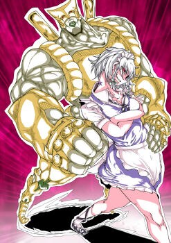 1girl apron birthmark blue_dress braid clenched_hand crossed_arms crossover dress foreshortening hand_on_another&#039;s_hip head_tilt highres izayoi_sakuya joestar_birthmark jojo_no_kimyou_na_bouken looking_at_viewer maid maid_headdress muscular nicq red_background red_eyes side-eyed stand_(jojo) stardust_crusaders the_world touhou twin_braids waist_apron white_hair