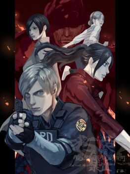 Rule 34 | 2boys, 3girls, 5tatsu, ada wong, adjusting clothes, adjusting headwear, aiming, artist name, black border, black gloves, black hair, blonde hair, blue eyes, border, brown hair, bulletproof vest, claire redfield, commentary request, elbow pads, fedora, fingerless gloves, gloves, grey eyes, gun, hair bun, hairband, handgun, hat, highres, holding, holding gun, holding weapon, jacket, leon s. kennedy, long hair, mr. x (resident evil), multiple boys, multiple girls, open mouth, pillarboxed, plaid clothes, plaid vest, police, police uniform, ponytail, red background, red hairband, red jacket, resident evil, resident evil 2, running, sherry birkin, shirt, shirt under shirt, shoes, swept bangs, updo, upper body, vest, weapon, white shirt, white shoes