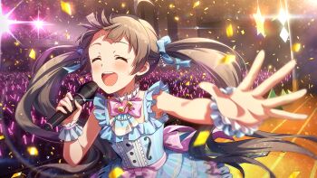 1girl :d ahoge blue_dress bow bowtie brown_hair closed_eyes commentary_request concert confetti dress frilled_wrist_cuffs frills game_cg glowstick hakozaki_serika holding holding_microphone idol idolmaster idolmaster_million_live! idolmaster_million_live!_theater_days long_hair microphone official_alternate_costume official_art open_mouth outstretched_arm pink_bow pink_bowtie sleeveless sleeveless_dress smile solo stage standing third-party_source twintails upper_body wrist_cuffs