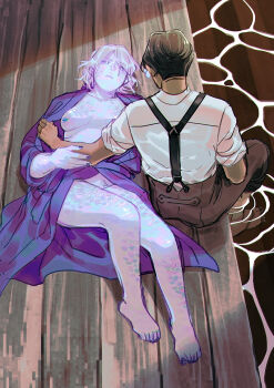 1boy 1girl barefoot dark-skinned_male dark_skin edward_(sframboob) fish_girl full_body glasses iridescent original oskar_(sframboob) robe scales sframboob short_hair siren_(mythology) sitting suspenders