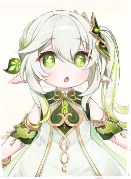 1girl absurdres blush commentary_request cross-shaped_pupils detached_sleeves dress genshin_impact gold_trim gradient_hair green_eyes green_hair green_sleeves hair_between_eyes hair_ornament highres leaf_hair_ornament long_hair multicolored_hair nahida_(genshin_impact) open_mouth pointy_ears rucha_(dokkanhanabi) side_ponytail simple_background sleeveless sleeveless_dress solo symbol-shaped_pupils white_background white_dress white_hair