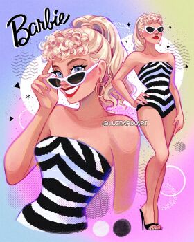 Rule 34 | 1girl, adjusting eyewear, artist name, barbie (character), barbie (franchise), barbie (live action), black one-piece swimsuit, black shoes, blonde hair, blue eyes, character name, copyright name, hand on own hip, high heels, highres, luztapiaart, multiple views, one-piece swimsuit, red lips, shoes, standing, striped clothes, striped one-piece swimsuit, sunglasses, swimsuit, two-tone one-piece swimsuit, watermark, white-framed eyewear, white one-piece swimsuit