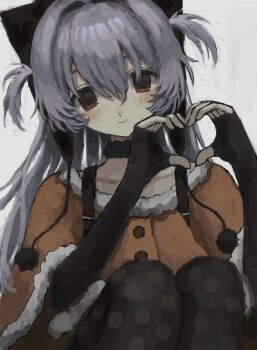 beanie brown_eyes capelet earflap_beanie fingerless_gloves gloves grey_hair hat heart heart_hands highres konsan268 magical_girl mahou_shoujo_madoka_magica mahou_shoujo_madoka_magica:_hangyaku_no_monogatari momoe_nagisa momoe_nagisa_(magical_girl) orange_capelet polka_dot polka_dot_legwear pom_pom_(clothes) pom_pom_beanie