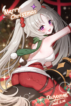 1girl absurdres antlers ass backless_sweater blurry blurry_background blush breasts cannon christmas christmas_present commentary daoyan dated deer_antlers deer_tail english_commentary fake_antlers fake_tail fang from_behind gift green_scarf grey_hair hair_ornament hair_scrunchie highres horns knit_sweater large_breasts laru_(snowish)_(stella_sora) laru_(stella_sora) long_hair merry_christmas open_mouth pantyhose purple_eyes red_pantyhose scarf scrunchie sideboob skin_fang smile stella_sora straddling sweater tail twintails very_long_hair white_sweater
