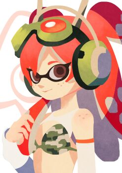 1girl absurdres bikini bikini_top_only body_freckles breasts brown_eyes camouflage camouflage_bikini cleavage commentary cosplay detached_sleeves english_commentary freckles goggles goggles_on_head green_bikini hair_between_eyes hand_in_own_hair headphones highres inkling inoue_seita_(style) long_hair looking_at_viewer medium_breasts nifast_(greentail) nintendo original parody red_hair shoulder_freckles shrug_(clothing) smile solo splatoon_(series) style_parody swimsuit tentacle_hair truck_(nifast_(greentail)) truck_(nifast_(greentail))_(cosplay) two_side_up upper_body white_background white_sleeves