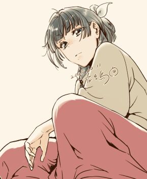 Rule 34 | 1girl, beads, black hair, bow, closed mouth, commentary request, dated, feet out of frame, freckles, from below, hair beads, hair bow, hair ornament, hair ribbon, half updo, hand on own leg, highres, kusuriya no hitorigoto, lips, long hair, looking at viewer, maomao (kusuriya no hitorigoto), pants, red pants, red skirt, ribbon, serious, sidelocks, signature, simple background, sitting, skirt, solo, yellow background, yoakedori914moz