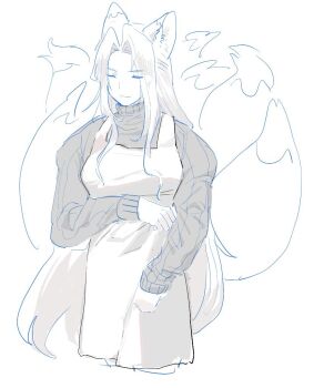 1boy alternate_costume androgynous animal_ears apron arm_across_chest closed_eyes fox_boy fox_ears fox_tail greyscale hand_up hattouissenbaka kitsune light_smile long_bangs long_hair male_focus monochrome multiple_tails parted_bangs sephiroth sketch solo sweater tail turtleneck turtleneck_sweater upper_body very_long_hair white_background
