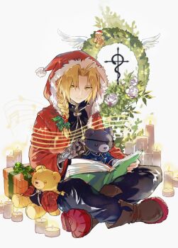 Rule 34 | 1boy, black jacket, black pants, book, boots, braid, brown boots, candle, christmas, coat, collared jacket, edward elric, fire, flower, full body, fullmetal alchemist, gift, hair ornament, hat, holding, holding book, holly hair ornament, jacket, lapels, leaf, long hair, looking to the side, male focus, musical staff, open book, open clothes, open coat, pants, parted hair, red coat, santa hat, sideways glance, single braid, sitting, solo, stuffed animal, stuffed toy, teddy bear, white background, white flower, wreath, xue ezi, yellow eyes