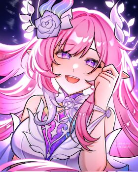 1girl bare_shoulders breasts corrupted_twitter_file cyrene_(honkai:_star_rail) cyrene_(ripples_of_past_reverie)_(honkai:_star_rail) diamond-shaped_pupils diamond_(shape) dress flower hair_flower hair_ornament halo hashtag-only_commentary highres honkai:_star_rail honkai_(series) keicyzoun large_breasts long_hair looking_at_viewer multicolored_hair pink_hair pointy_ears purple_eyes smile solo symbol-shaped_pupils two-tone_hair upper_body very_long_hair white_dress white_hair
