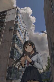 1girl absurdres architecture black_hair black_sailor_collar black_skirt blunt_bangs brown_eyes cloud cloudy_sky commentary_request highres hime_cut long_hair looking_at_viewer original pleated_skirt sailor_collar scenery school_uniform serafuku skirt sky solo user_vvdr2237