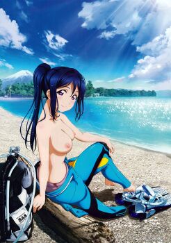 10s 1girl absurdres artist_request barefoot beach blue_hair bodysuit cloud diving_mask diving_suit feet female_focus fins goggles highres leaf_print logo love_live! love_live!_school_idol_festival love_live!_sunshine!! matsuura_kanan mountain nipples no_bra nude_filter oxygen_tank purple_eyes snorkel solo swimsuit third-party_edit tree water wetsuit wood