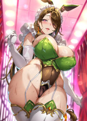 Rule 34 | 1girl, absurdres, animal ears, blush, breasts, brown hair, bunnystein fantasy, commentary request, curvy, elbow gloves, fake animal ears, gloves, heart, heart-shaped pupils, highres, huge breasts, indoors, leotard, long hair, looking at viewer, maid headdress, mole, mole on thigh, mole under eye, rabbit ears, senri gan, solo, sumire (bunnystein fantasy), sweat, symbol-shaped pupils, thick thighs, thighhighs, thighs, white gloves, wide hips