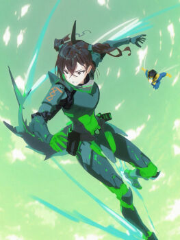 Rule 34 | 1boy, 1girl, absurdres, black eyes, black hair, cobwvmeti, crossover, fins, fish tail, flying, foot out of frame, green sky, highres, idolmaster, idolmaster cinderella girls, invincible (character), invincible (series), mark grayson, shark tail, sky, sunazuka akira, superhero costume, tail, twintails