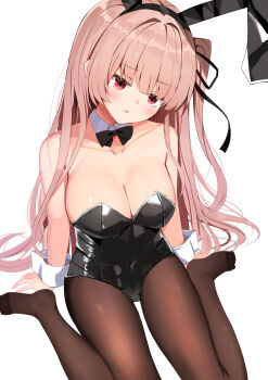 1girl absurdres animal_ear_hairband animal_ears black_bow black_bowtie black_leotard black_pantyhose bow bowtie breasts brown_eyes brown_hair commentary_request detached_collar fake_animal_ears hairband head_tilt highres large_breasts leotard nodoameyatou one_side_up original pantyhose playboy_bunny rabbit_ears solo strapless strapless_leotard wrist_cuffs