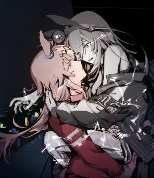 2girls absurdres animal_ears bare_shoulders carrying carrying_person closed_mouth ear_covers fang grey_hair highres horse_ears horse_girl horse_tail jacket looking_at_another multiple_girls nooctadesu oguri_cap_(umamusume) open_clothes open_jacket open_mouth pants partially_colored red_jacket shirt sleeveless sleeveless_shirt tail tamamo_cross_(umamusume) umamusume yuri