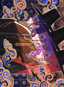 3girls abstract_background alternate_color alternate_costume alternate_skin_color alternate_universe black_robe body_markings braid closed_mouth demon_girl dusgkwjd1 expressionless bad_tag from_side hashtag-only_commentary hat highres korean_clothes kpop_demon_hunters long_braid long_hair looking_ahead mira_(kpop_demon_hunters) multiple_girls orange_eyes parted_bangs purple_hair red_hair red_lips robe rumi_(kpop_demon_hunters) shade single_braid standing zoey_(kpop_demon_hunters)