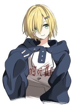 1boy blonde_hair blue_hood blue_sleeves closed_mouth clothes_writing cropped_torso draaaa22 drawstring green_eyes hair_intakes hair_ornament hair_over_one_eye hairclip hand_up head_tilt highres hood hood_down hoodie long_sleeves male_focus nijisanji no_headwear no_jacket print_hoodie raglan_sleeves short_hair simple_background sleeves_past_wrists solo standing upturned_eyes uzuki_kou uzuki_kou_(5th_costume) virtual_youtuber white_background white_hoodie wolf_cut