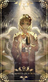 Rule 34 | 1girl, blonde hair, book, bow, bowtie, braid, card (medium), coat, commentary request, crown braid, dress, duanxiaosheng1, gold border, green eyes, hairband, highres, holding, holding book, lapels, library of ruina, medium hair, notched lapels, orange bow, orange bowtie, orange dress, orange hairband, project moon, solo, tarot, tarot (medium), tiphereth a (project moon), wheel of fortune (tarot), yellow coat