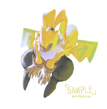 1boy arms_between_legs bly_mead brown_gloves chinese_commentary closed_eyes commentary_request digimon digimon_(creature) floppy_ears from_above full_body furry furry_male gloves highres knees_up male_focus neck_fur pants puffy_pants rabbit_boy simple_background sitting solo symbareangoramon tail tied_ears topless_male white_background yellow_fur