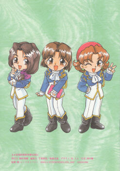 Rule 34 | 1997, 3girls, abstract background, absurdres, alternate hair color, ankle boots, archived source, arm at side, ascot, black footwear, blue sleeves, blunt bangs, blush, book, boots, bow, breasts, brown eyes, brown hair, chibi, chibi only, company name, copyright notice, curtained hair, dated, earrings, fingerless gloves, flipped hair, freckles, fujii kasumi, fujita yukihisa, full body, gloves, green background, hair bow, hair intakes, hand on own arm, hand on own hip, hat, highres, holding, holding book, jewelry, knees together feet apart, lapels, long hair, long sleeves, looking at viewer, low-tied long hair, medium breasts, medium hair, military uniform, multiple girls, official art, open mouth, pants, plain epaulettes, purple bow, red hat, sakakibara yuri, sakura taisen, scar, sega, short hair, standing, straight hair, takamura tsubaki, third-party source, white ascot, white gloves, white pants, yellow trim