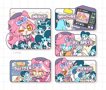 Rule 34 | > <, 1girl, ;3, animal ears, beret, black hat, blue eyes, chattino (raora panthera), coat, commentary, company name, copyright notice, drooling, english commentary, eyeshadow, food, goggles, goggles on head, grid background, hair intakes, hat, holding, holding pencil, holding phone, hololive, hololive english, illyan, long hair, long sleeves, looking at viewer, makeup, monitor, multicolored hair, one eye closed, open mouth, panther ears, panther girl, panther tail, pencil, phone, pink coat, pink eyeshadow, pink hair, pink tail, pizza, pizza slice, raora panthera, raora panthera (1st costume), shirt, shorts, smile, streaked hair, tail, twitter, two-tone hair, virtual youtuber, white background, white shirt, white shorts, yellow eyes, youtube