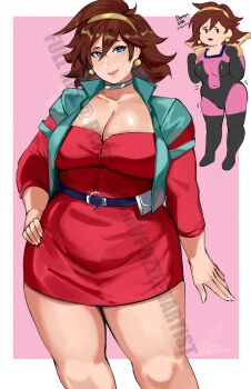 1girl absurdres belt blue_eyes bodysuit breasts brown_hair choker cleavage curvy earrings female_focus g_gundam gundam hand_on_own_hip highres jewelry large_breasts looking_at_viewer mecha_pilot_suit mobile_trace_suit plump puzzledartist rain_mikamura short_hair simple_background solo thick_thighs thighs wide_hips