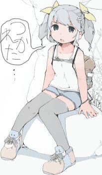 1girl backpack bag camisole flat_chest full_body grey_eyes grey_hair hot kinomoto_(nazonoinu) looking_at_viewer open_mouth original shoes short_hair short_shorts shorts sitting sneakers solo sweat thighhighs twintails