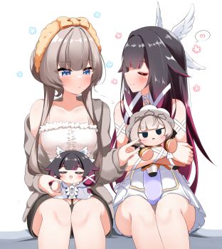 2girls bare_shoulders black_hair blue_eyes blush bow breasts brown_hair camisole character_doll closed_eyes closed_mouth collarbone columbina_(genshin_impact) commentary_request doll genshin_impact heart highres holding holding_doll long_hair multicolored_hair multiple_girls parted_lips pia_(botamochinjufu) purple_hair sandrone_(genshin_impact) short_hair_with_long_locks sidelocks simple_background single_off_shoulder sitting smile spaghetti_strap speech_bubble spoken_heart very_long_hair white_background white_bow wrist_bow