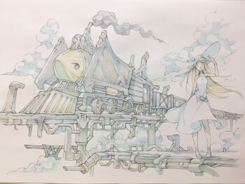 1girl :o belt belt_buckle blonde_hair brown_eyes buckle cloud commentary_request dress hand_on_headwear hand_up hat highres industrial_pipe locomotive long_hair open_mouth original outdoors peter_salt sandals sleeveless sleeveless_dress solo steam steam_locomotive sun_hat sundress traditional_media white_belt white_dress white_hat white_sandals