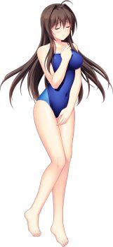 1girl ahoge barefoot blue_one-piece_swimsuit blush breasts brown_hair closed_eyes collarbone competition_school_swimsuit competition_swimsuit covered_navel full_body game_cg hair_intakes hand_on_own_chest highres large_breasts large_variant_set long_hair maishima_yuri nerawareta_megami_tenshi_angel_tear non-web_source official_art one-piece_swimsuit school_swimsuit solo standing swimsuit tachi-e transparent_background tsukumo_kazuita variant_set