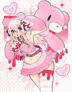 Rule 34 | 1girl, absurdres, animal ear headphones, animal ears, bear ear headphones, bear ears, bear paws, blood, blush, breasts, cleavage, collar, commentary, cosplay, fake animal ears, fake blood, frilled skirt, frills, gloomy bear, gloomy bear (cosplay), gloves, grg x super sonico, headphones, heart, highres, itazuraguma no gloomy, large breasts, long hair, looking at viewer, mitsutadaki, navel, nitroplus, official alternate costume, open mouth, pink hair, pink skirt, scene fashion, skirt, smile, solo focus, striped clothes, striped thighhighs, super sonico, thighhighs, zoom layer