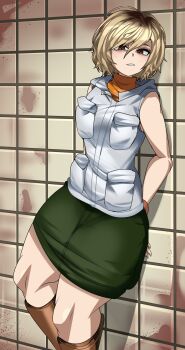 Rule 34 | 1girl, absurdres, against wall, blonde hair, blood, blood on wall, boots, brown boots, brown eyes, brown hair, captain kirb, commentary, english commentary, freckles, green skirt, heather mason, highres, jacket, looking at viewer, orange sweater, parted lips, pocket, short hair, silent hill (series), silent hill 3, skirt, solo, sweater, teeth, tile wall, tiles, turtleneck, turtleneck sweater, white jacket